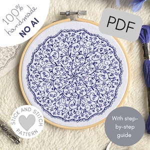 Blue Delft Mandala Embroidery Pattern: Stick and Stitch (PDF Download)
