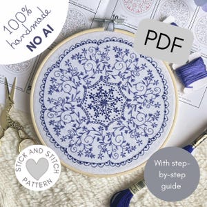 Stick and Stitch Embroidery Pattern – Chinoiserie Delft Mandala (PDF Download)