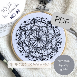 Step-by-step hand embroidery - mandala with details and seed beads (PDF download)