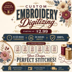 Servicio de digitalización de bordados personalizados, digitalización de logotipos, conversión a archivos DST y PES, entrega rápida.