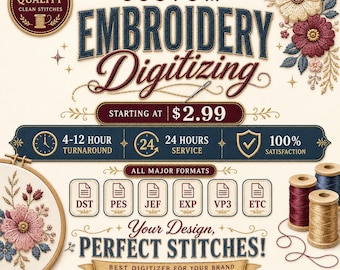 Custom Embroidery Digitizing Service, Logo Digitize, Convert to DST, PES File, Fast Turnaround