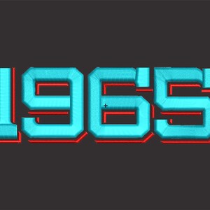 May include: A blue and red graphic design of the year 1965. The numbers are outlined in red and have a 3D effect.