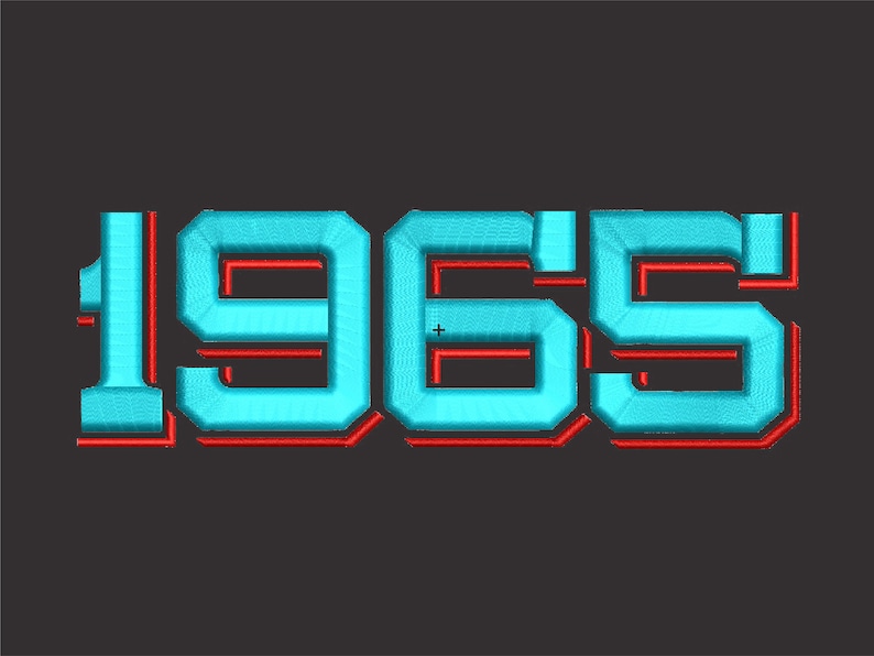 May include: A blue and red graphic design of the year 1965. The numbers are outlined in red and have a 3D effect.