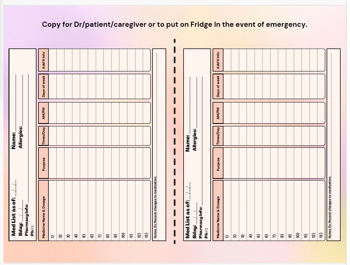 Medicine List PRINTABLE File ONLY Aging Parent Dr Appt Assistance With ...