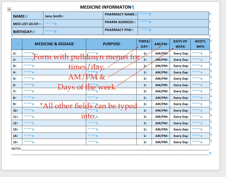 Medicine List Fill in Form for WORD or Printable - Etsy