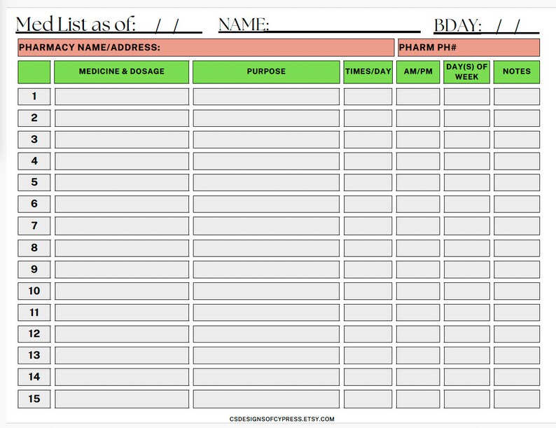 Medicine List PRINTABLE File ONLY! Aging Parent Dr Appt Assistance With ...