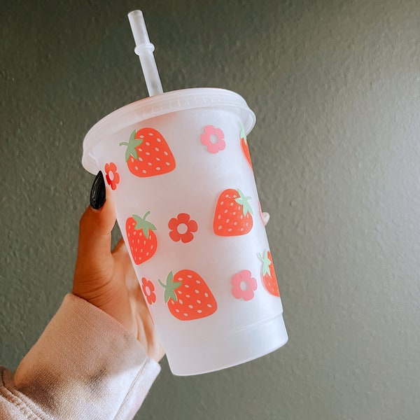 Strawberry Fields – COLD CUP 16 oz Cup Tumbler with Lid and Straw | COLOR-Change || Made-to-Order