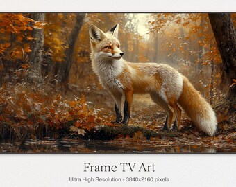 May include: A red fox with white fur on its chest and tail stands in a woodland with brown and orange leaves on the ground. The fox is looking to the right of the image.