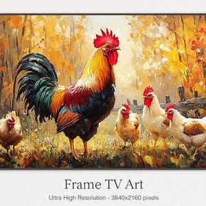 Pode incluir: Uma pintura de um galo e quatro galinhas em um cenário de floresta. O galo é vermelho, amarelo e azul com uma cauda grande e colorida. As galinhas são brancas com cristas vermelhas. O fundo é uma imagem desfocada de árvores com folhas amarelas e laranja.