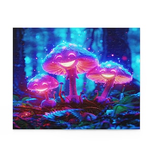 Glowing Mushroom Smiles Puzzle (120, 252, 500-Piece) | Mushroom Puzzle, Fantasy Puzzle, Halloween Puzzle, Cute Mushrooms, Family Night