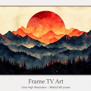 Könnte beinhalten: Ein digitales Gemälde einer roten Sonne, die hinter einer Bergkette untergeht. Die Berge sind dunkelblau und der Himmel ist hellorange. Die Sonne ist leuchtend rot und orange.