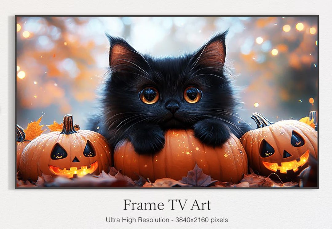 Halloween Kitten Frame TV Art: Black Cat and Pumpkins (digital Download ...
