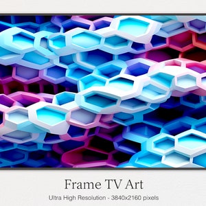 May include: Abstract digital art print featuring a colourful honeycomb pattern in shades of blue, pink, and white. The pattern is 3D and appears to be made of overlapping hexagons.
