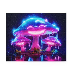 Glowing Mushroom Smiles Puzzle (120, 252, 500-Piece), Cute Mushrooms Puzzle, Mushrooms, Neon Mushroom Puzzle, Fantasy Puzzle, Fun Mushrooms
