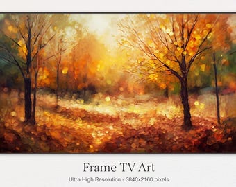 May include: A painting of a forest scene with trees in the foreground and a sunlit background. The trees have yellow and orange leaves, and the ground is covered in fallen leaves. The painting has a warm, autumnal feel.