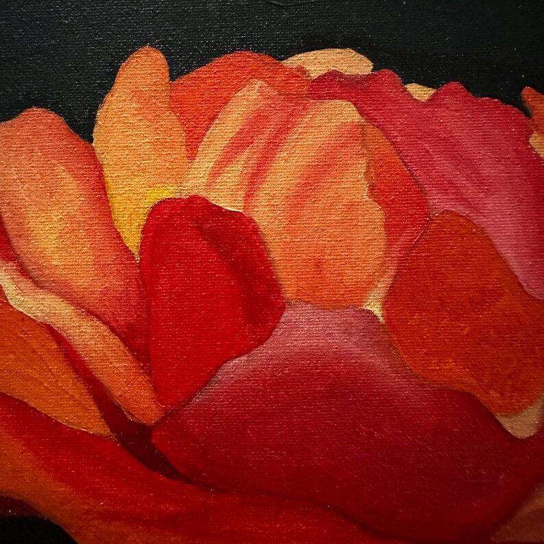 May include: A close-up painting of a flower, showcasing layered petals in shades of red, orange, and yellow. The artwork has a dark background, and the brushstrokes create a textured effect. The painting evokes a sense of warmth and vibrancy.