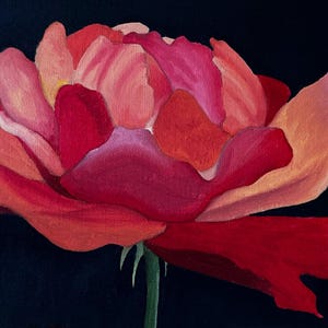 May include: A painting of a rose in full bloom, with petals in shades of red, orange, and pink against a dark blue backdrop. The green stem provides a contrast. The artwork captures the intricate details of the flower.