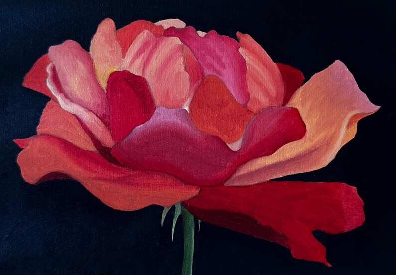 May include: A painting of a rose in full bloom, with petals in shades of red, orange, and pink against a dark blue backdrop. The green stem provides a contrast. The artwork captures the intricate details of the flower.