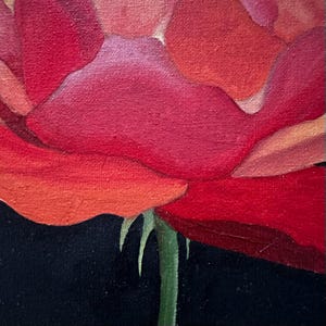 May include: A close-up of a red rose painting against a black backdrop. The petals show different shades of red and orange, with a green stem and thorns. The artwork is likely an oil or acrylic painting.