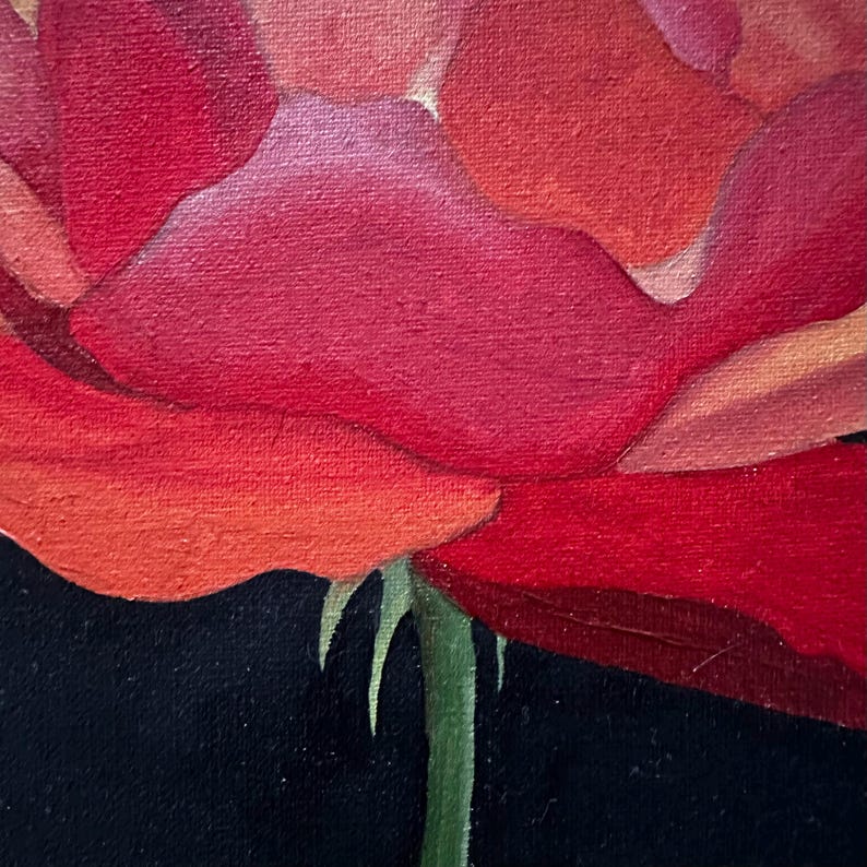 May include: A close-up of a red rose painting against a black backdrop. The petals show different shades of red and orange, with a green stem and thorns. The artwork is likely an oil or acrylic painting.