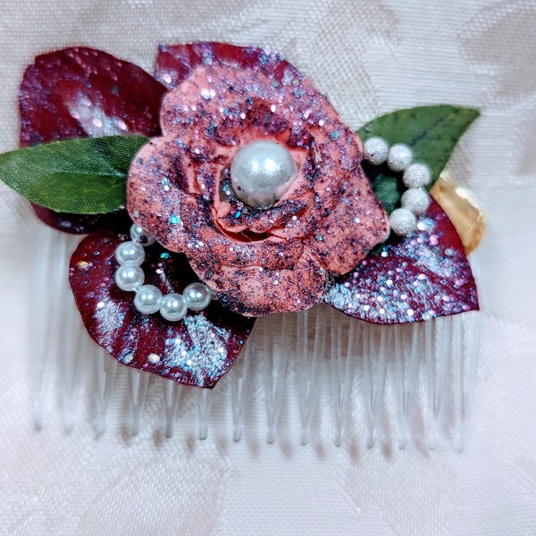 PINK ROSE Haircomb Handmade,Wedding Pink Rose Haircomb,Bridal Haircomb,Bridal Accesories,Bridal Gift,Gift for Her,Bff Gift,Glitter Comb