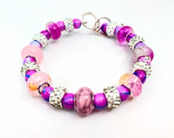 LAMPWORK PINK/PEACH Color Theme Beaded Bracelet,Pink Lampwork Beaded Bracelet,Sparkly Jewelry,Chunky Jewelry,Pink/Lampwork Bling Bracelet