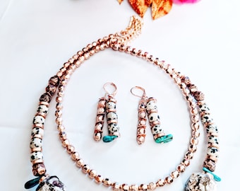 Dalmatian Jasper Chunky Two Strand Necklace & Matching Earrings,Rose Gold Jewelry,Jewelry Sets,Womens Accessories,Handmade,Turquoise Chips