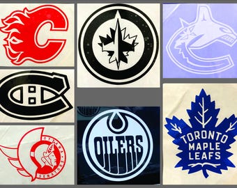 Two 10x10 inch decal sets of Canadian NHL teams, including the Oilers, Canadiens, Maple Leafs, Canucks, Flames, Jets, and Senators."