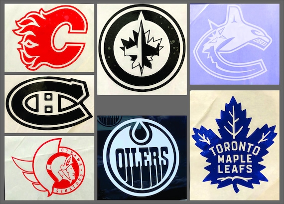 Two 10x10 inch decal sets of Canadian NHL teams, including the Oilers, Canadiens, Maple Leafs, Canucks, Flames, Jets, and Senators."