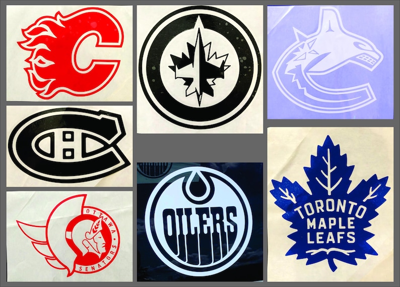 K&ouml;nnte beinhalten: Eine Collage von Hockey-Teamlogos, darunter die Calgary Flames, Montreal Canadiens, Winnipeg Jets, Vancouver Canucks, Ottawa Senators, Edmonton Oilers und Toronto Maple Leafs. Jedes Logo hat ein einzigartiges Design.