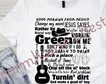 Riley Green Concert Tee Design: Country-Musik Songtext PNG (Digitale Datei)
