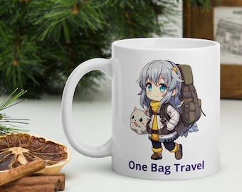 One Bag Travel Anime Girl Mug, Anime Mug, Funny Japanese Anime Coffee Cup For Anime Lovers, Cute Kawaii Cartoon Gift, Watching Anime Mug