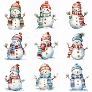 Watercolor Snowman Clipart PNG files, Christmas clip art images wall art printables, high quality xmas graphics for scrapbooking card making