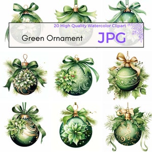 Watercolor Green Christmas Ornament Clipart, High Quality JPG, Christmas Clipart, Holiday Sublimation, Xmas Decorations, Digital Download