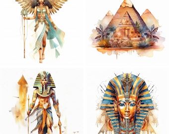 20 Watercolor Ancient Egypt Clipart PNG, Pyramids, Cleopatra, Egyptian, Ethnic, Instant Download, Tombs, gods and goddess, Digital Prints