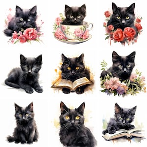 水彩黒猫子猫クリップアート PNG、花柄子猫クリップアートグラフィック画像、動物ハロウィーン画像、商用利用のための即時ダウンロード