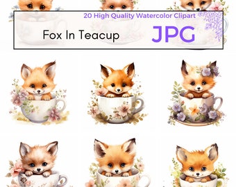 Watercolor Fox In Teacup Clipart, High Quality JPG, Fox Clipart, Nursery Wall Art, Woodland Animal Wall Art, Instant Download Commercial Use