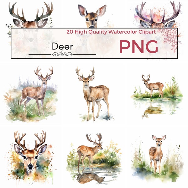 20 Watercolor Deer Clipart Bundle | Little Deer, Cute Deer PNG | Digital Download | Woodland Nursery Decor | Animal Portrait, Commercial Use