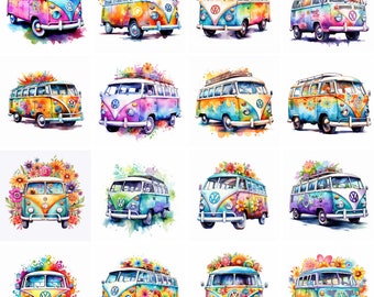 Watercolor Hippie Van Clipart, high quality png, hippie designs soul groovy summer time, good vibes, Prints, Sublimation, instant download