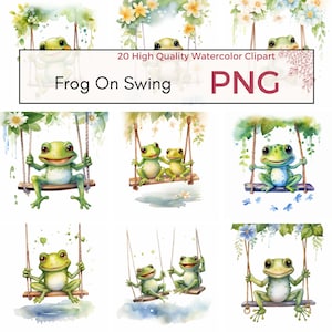 Grenouille sur la balançoire Clipart, PNG de haute qualité, clipart printemps, chambre d'enfant PNG, Clipart grenouille, grenouille sublimation mignonne, téléchargement immédiat, usage Commercial
