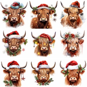 20 Christmas Highland Cow Watercolor Clipart, farm, holiday, winter clip art, high quality png, Prints, Sublimation, instant download