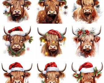 20 Christmas Highland Cow Watercolor Clipart, farm, holiday, winter clip art, high quality png, Prints, Sublimation, instant download