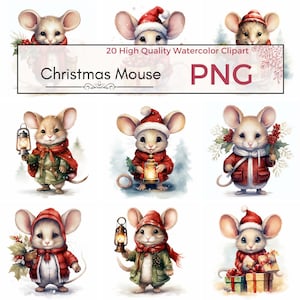 Christmas Mouse Clipart, High Quality PNG, Christmas Clipart, Mouse Graphics, Card Making Watercolor Clip Art, Card making, Instant download