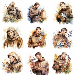 20 Saint François d'Assise Clipart, clipart aquarelle, saint art, saint png, art mural, imprimables, graphiques, scrapbooking, téléchargement numérique