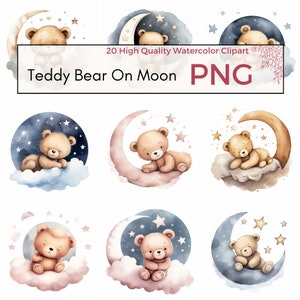 Ours en peluche sur la lune Clipart, PNG de haute qualité, lune et étoiles, décoration de chambre d'enfant, ours en peluche Clipart scrapbooking, fabrication de cartes, téléchargement immédiat