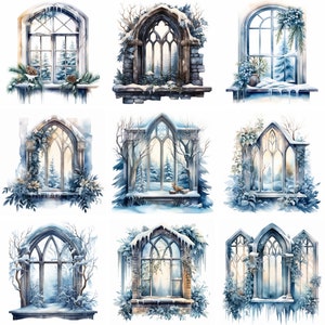 Aquarelle hiver fenêtre Clipart PNG fichiers, clipart de neige, art mural de Noël, graphiques, phrintables, fenêtre glacée, cadre de fenêtre de haute qualité