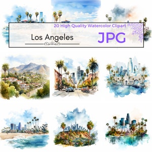 Watercolor Los Angeles California Clipart, city clipart jpg LA Clipart sublimation city skyline Scrapbooking Commercial Use Digital download