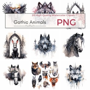 Set of 20 Watercolor Gothic Animals Clipart | PNG Dark and Mysterious Illustrations | Digital Download | Commercial Use, Gothic Clipart