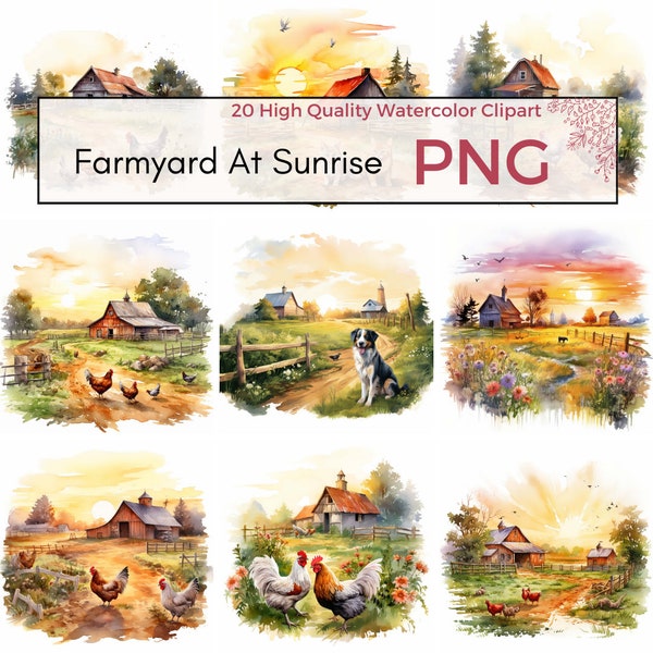 Farmyard In Sunrise Clipart, High Quality PNG, Digital Download, Paper Craft, Farmyard PNG, Summer Clipart, Farm Sublimation, Scenic PNG