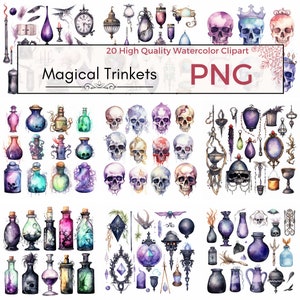 Set von 20 Aquarell Magische Trinkets Clipart | Mystische Objekte | Digitaler Download | Kommerzielle Nutzung, Fantasy Trinket Art, Zaubertrank PNG